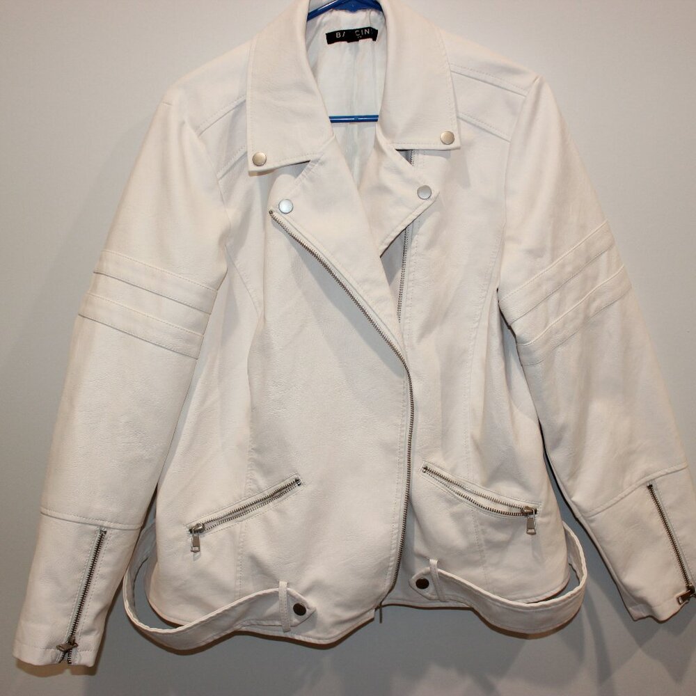 Baccini Moto Jacket Womens Medium White Vegan Zip Up Pockets Biker